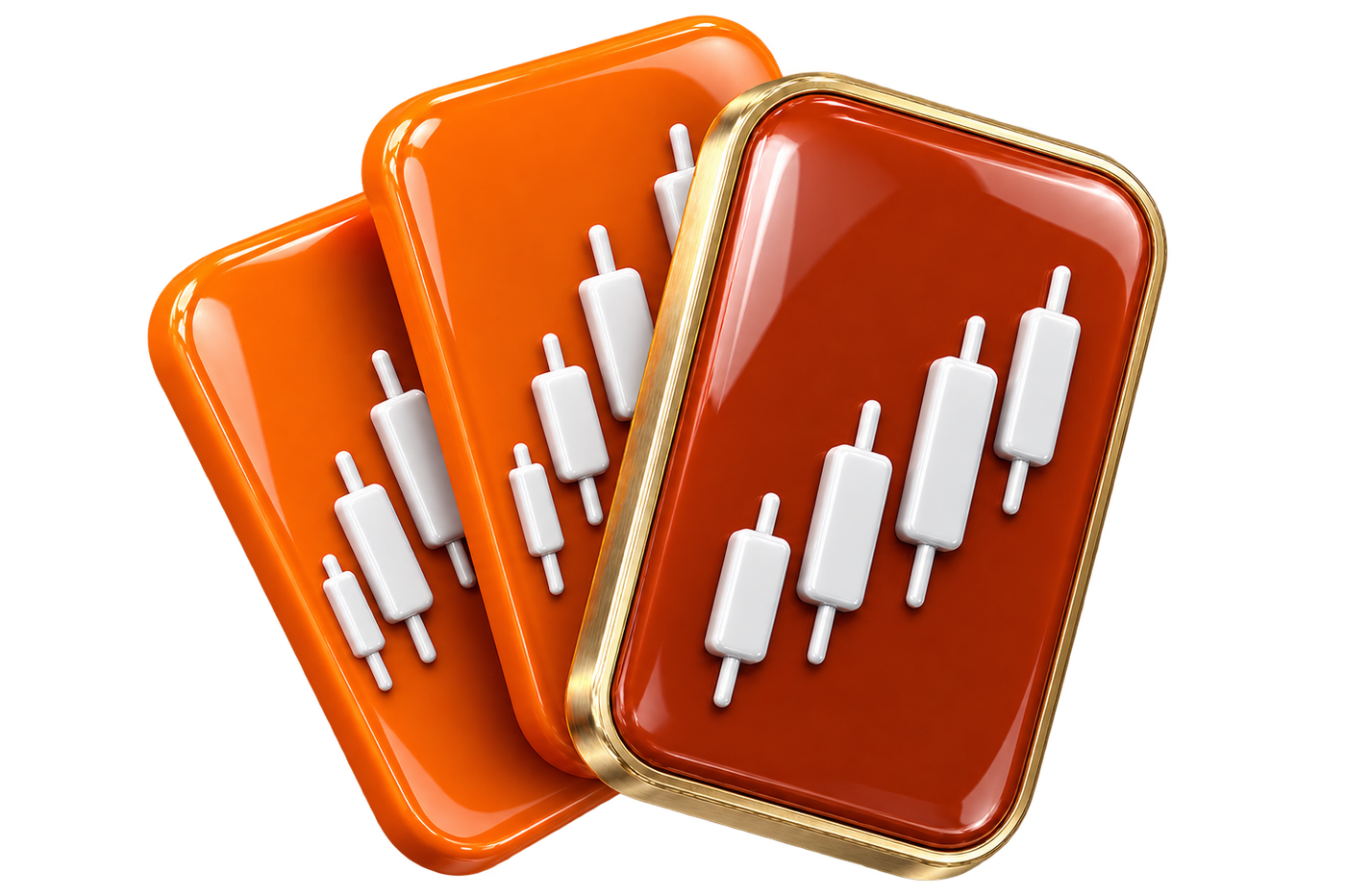 Three glossy contest cards, each carrying a candlestick chart